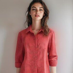 JNY Saffron Paprika Rust Copper Red-Orange Paisley Pierced Faux Leather Top L 10
